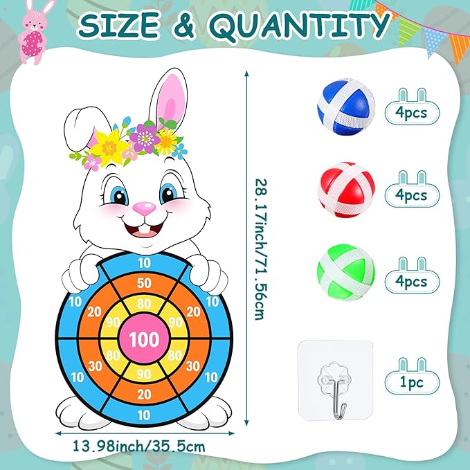 Capoda Easter Dart Board Game 28" Cute Bunny Dart Board with 12 Sticky Balls Easter Basket Stuffers for Easter Yard Indoor Outdoor Sports Games Birthday Gifts Party Favors Supplies