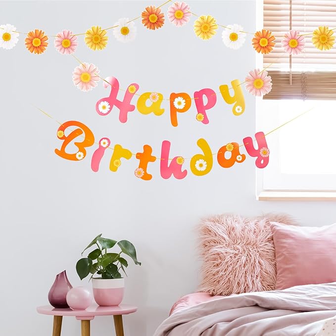 SUNBEAUTY Flower Daisy Happy Birthday Banner Groovy Party Banners Groovy Party Decorations Boho Happy Birthday Banner Daisy Retro Hippie Party Supplies Baby Shower | Pre-Strung