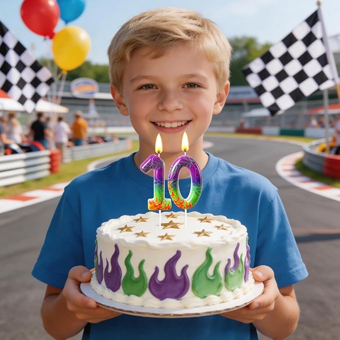 Number 4 Birthday Candle for Cake – Purple Green Flame Design with Lightning & Tire Track Pattern – Off-Road Truck Theme Cake Topper for Birthday Party Decoration