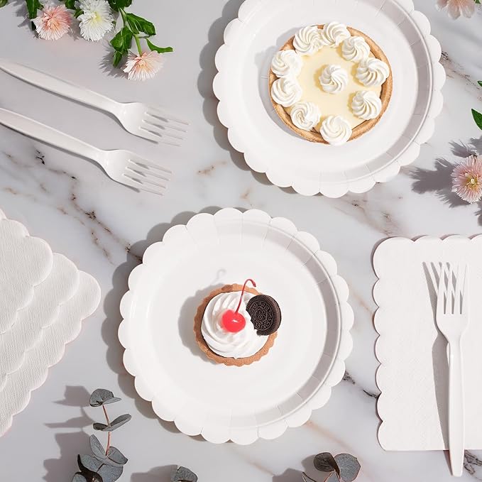 105PCS Paper Plates and Napkins Set, 7 Inch Scalloped Disposable Tableware with Forks for Birthdays, Garden Parties & Outdoor Events, Serves 35 (White)