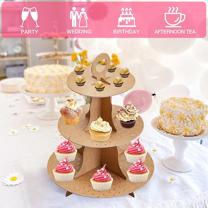 Soleebee 3-Tier Round Cupcake Stand, Cardboard Cupcake Tower, Dessert Cup Cake Stand Tower for Birthday Wedding Party Decoration, Cupcake Tier Stand 2 Set (Brown Golden Dot)