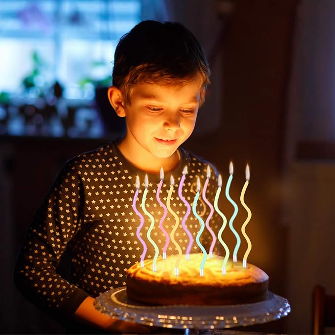 48 Pieces Twisty Birthday Spiral Cake Candles with Holders Long Thin Curly Coil Metallic Cake Cupcake Candles for Birthday Wedding Party Decoration(Colorful)