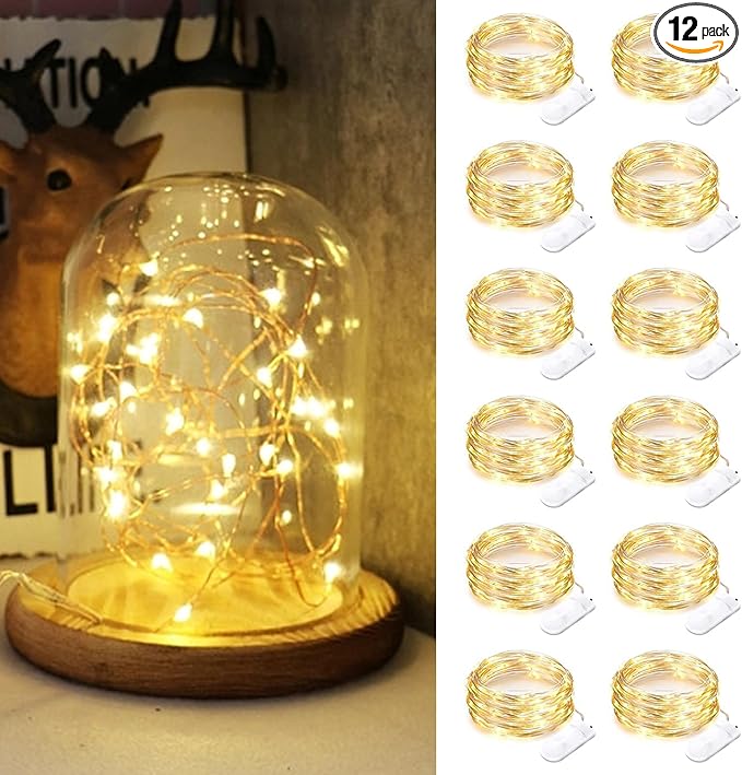 12 Pack Fairy Lights Battery Operated, 7FT 20 LED Waterproof Silver Wire Firefly Starry String Lights, Ideal for Wedding Centerpieces, Mason Jars, Party, Christmas Decor(Warm White)