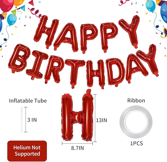 Red Happy Birthday Balloon Banner, 16 Inch Foil Mylar Happy Birthday Balloons Letters, Reusable Happy Birthday Sign, Red Birthday Decorations for Women, Boys and Girls