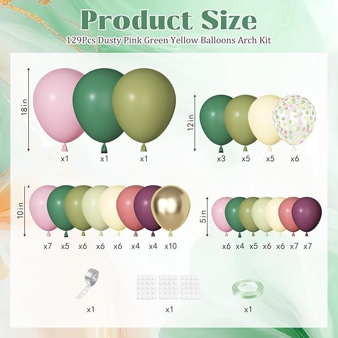 Ouddy Party Dusty Pink Green Yellow Balloons Garland Arch Kit, Different Sizes 18 12 10 5 Inch Sage Olive Green Mauve Plum Pastel Pink Latex Confetti Balloon for Baby Shower Birthday Party Decoration