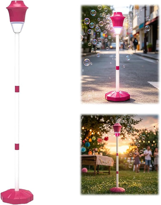 【Cherry Red】 Bubble Machine - Automatic Street Lamp Bubble Torch with Lights, Standing Bubble Maker Detachable Handheld Wand, Rechargeable Outdoor Bubble Tower for Birthday Party Garden Backyard