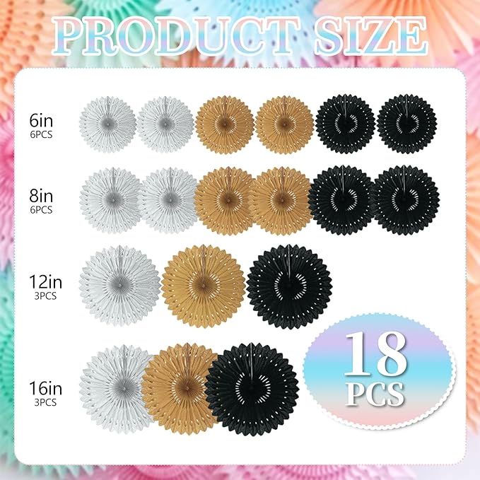 18 Pcs Black Gary Khaki Hanging Honeycomb Paper Fans, Round Paper Fan Decorations for Weddings, Birthdays, Bachelorette, Photo Booth Backdrops, Baby Shower, Anniversary Events Party Supplies