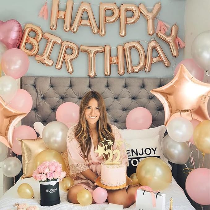 CANREVEL Happy Birthday Banner 13pcs 16 Inch Mylar Foil Letters Sign with 8pcs Star Balloons Birthday Party Decorations for Kids and Adults - 3D Rose Gold
