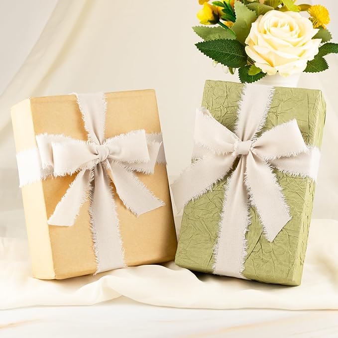 Beige Cotton Ribbon 1 Inch Beige 3 Rolls 21 Yards Frayed Edge Fabric Set for Rustic Wedding Decor, Bridal Bouquet Wrap, Farmhouse Decor, Wreath Making & Gift Wrapping