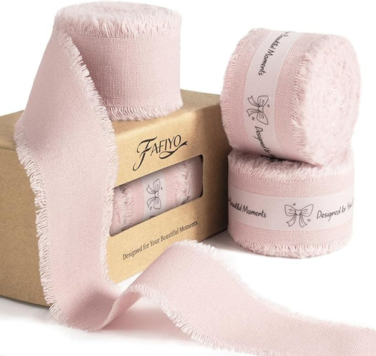 Pink Cotton Ribbon 1-1/2 Inch Pink 3 Rolls 21 Yards Frayed Edge Fabric Set for Bridal Shower, Baby Shower, Wedding Invitations, Birthday Party & Gift Wrapping