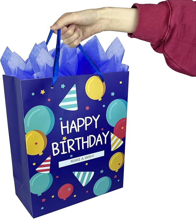 MUMULULU 10 Pack Birthday Gift Bag with Ribbon Handle and Tissue Paper Assorted Sizes and Designs 3 Size Birthday Gift Bag for Gift Wrapping Presents