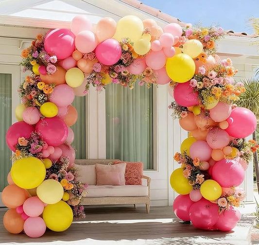 Pink Yellow Balloon Arch Double Stuffed Baby Pink Peach Balloons Different Sizes Colorful Balloon Garland For Birthday Baby Shower Spring Wildflower Wedding Home Decorations
