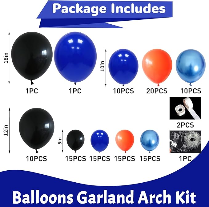 HILAVO Orange Blue Black Balloons Garland Arch Kit 112 Pcs Royal Navy Blue Black Orange Latex Helium Balloon for Graduation Cartoon Baby Shower Birthday Engagement Party Decorations Supplies