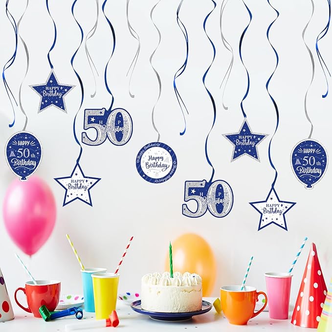 Happy 50th Birthday Blue & Silver Glitter Swirls Streamers Party Decorations - 15 Pcs 50th Birthday Hanging Swirls Streamers Kit,Cheers to Fifty Years Old Bday Party Sign.