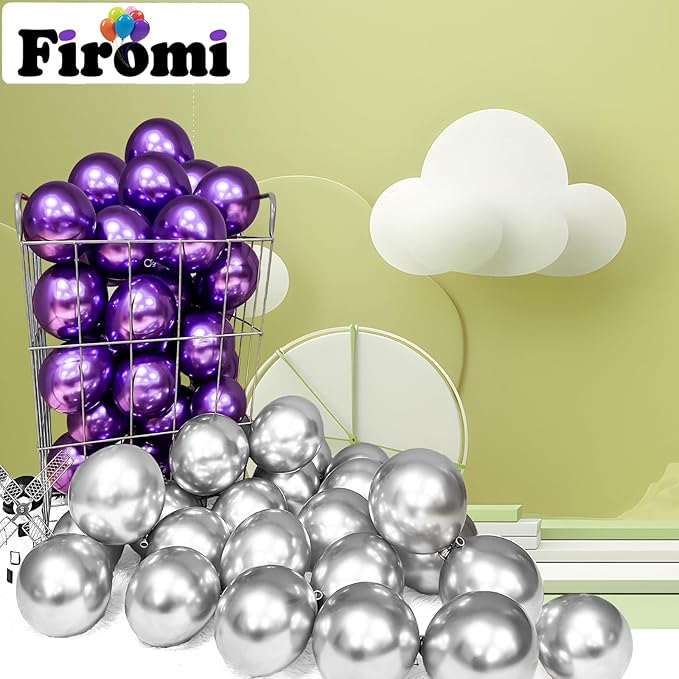 Firomi Metallic Purple Balloons 5-inch 100 Pack Helium Small-Medium Shiny Round Chrome Purple Thicken Latex Balloon for Wedding Birthday Party (with 2 Ribbons)