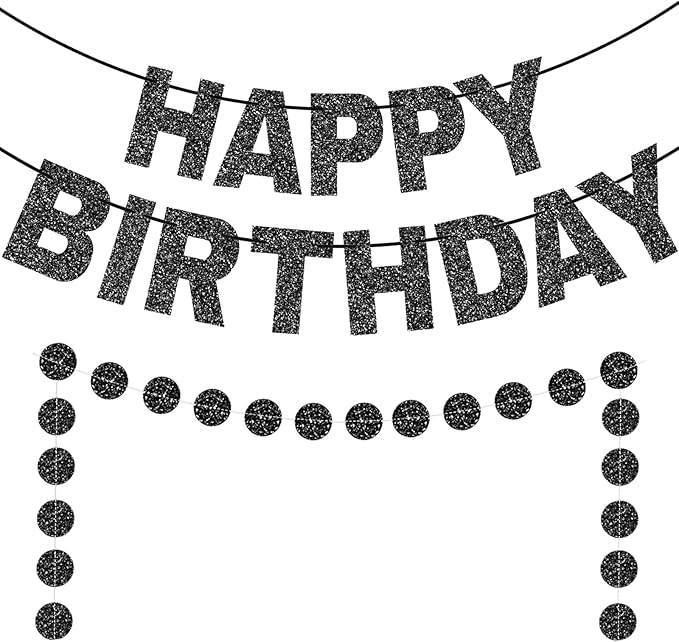 GCQQ Black Happy Birthday Banner Set - No DIY Glitter 3M Birthday Banners and 2.5M Dot Garlands Pre-Strung Black Theme Party Decorations for Men Women Birthday Party Backdrop