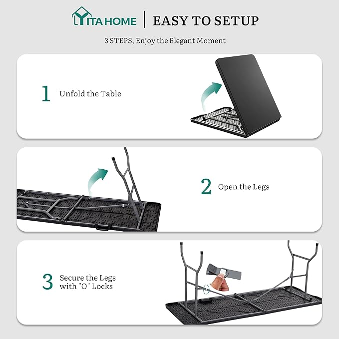 YITAHOME 6ft Folding Tables Heavy Duty Folding Table with Carrying Handle Plastic Fold up Table for Outdoor Camping Picnic Parties/Indoor Events All in Black