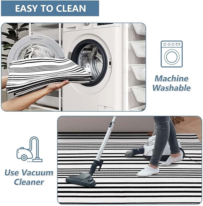 OJIA Black and White Outdoor Rug 2'x4.3', Machine Washable Front Door Mats Outdoor Cotton Woven Outdoor Doormat Front Porch Rug Indoor Door Mat Entryway Striped Rugs for Farmhouse/Kitchen/Entrance