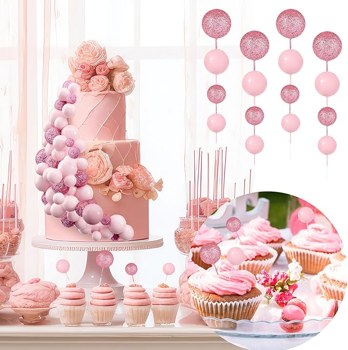 60Pcs Glitter Cake Balls Decorations Foam Cake Topper Balls Mini Balloon Cupcake Toppers for Cake Decorating Birthday Baby Shower Party (Glitter Pink)