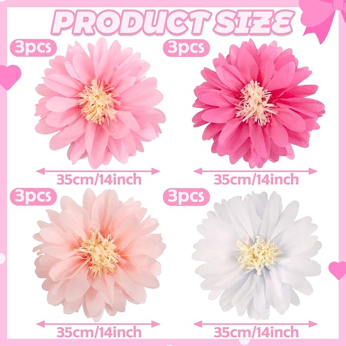 12 Pcs Pink Tissue Paper Flowers Daisy Tissue Paper Pom Poms Party Decorations Spring Party Decoration Paper Flowers Decorations for Wall Backdrop Garden Wedding Decor