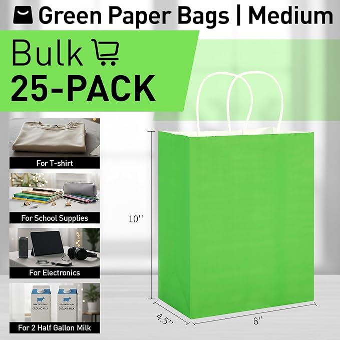 SUNCOLOR 25 Pack Green Gift Bags with Handles – 8x4.5x10 Medium Bags for Shopping, Retail, DIY, Wedding, Party Favors & Special Occasions