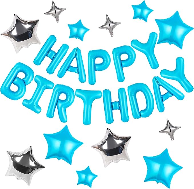 CANREVEL Happy Birthday Banner 13pcs 16 Inch Mylar Foil Letters with 12pcs Star Balloons Birthday Party Decorations for Kids and Adults - 3D Light Blue