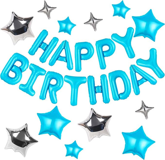 CANREVEL Happy Birthday Banner 13pcs 16 Inch Mylar Foil Letters with 12pcs Star Balloons Birthday Party Decorations for Kids and Adults - 3D Light Blue