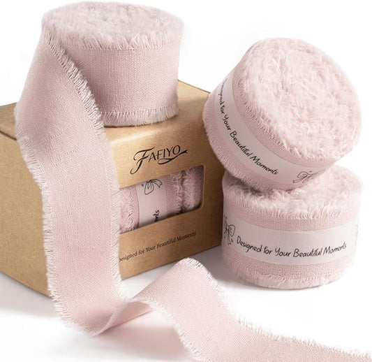 Pink Cotton Ribbon 1 Inch Pink 3 Rolls 21 Yards Frayed Edge Fabric Set for Bridal Shower, Baby Shower, Wedding Invitations, Birthday Party & Gift Wrapping