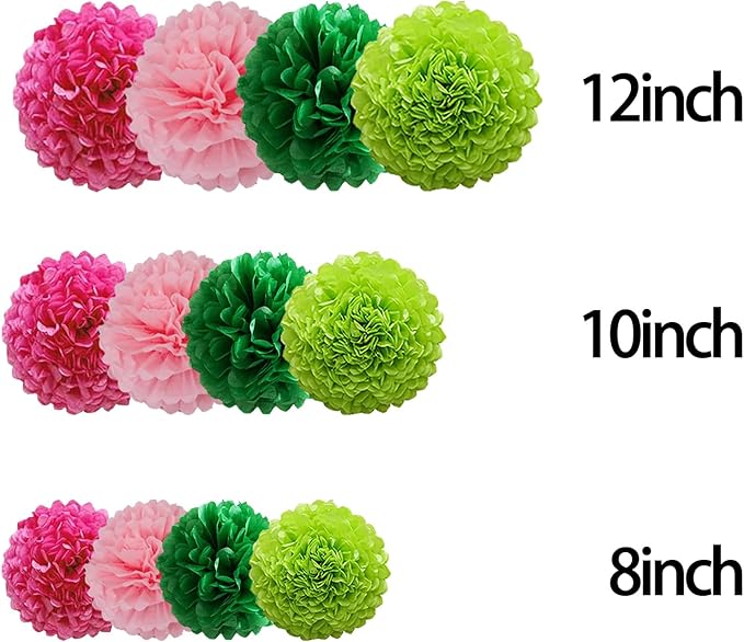 12pcs Hot Pink and Green Tissue Paper Pom Poms,Hanging Paper Pompoms for Pink Green Party Decoration