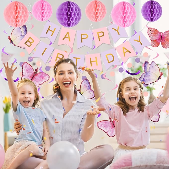 meowtastic Birthday Decorations, Happy Birthday Banner with Honeycomb Balls, Butterfly Hanging Swirl Streamers, Circle Dots Garland, Happy Birthday Party Decorations for Women Girls (Purple&Gold)