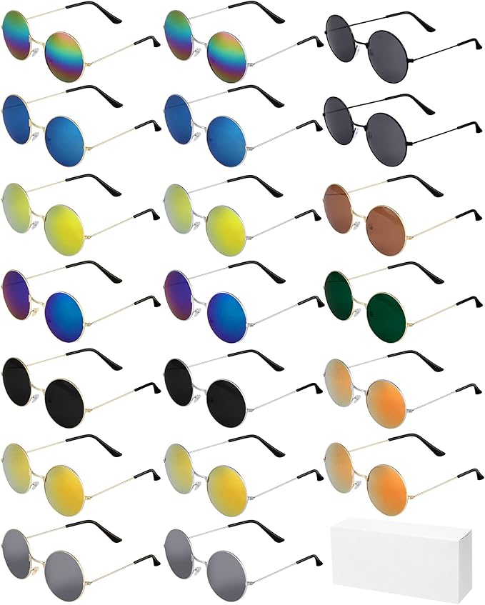 ONESING 8-20 Pairs Round Hippie Sunglasses Circle Sunglasses for Women Glasses Multicoloured Hippie Headband Disco Party