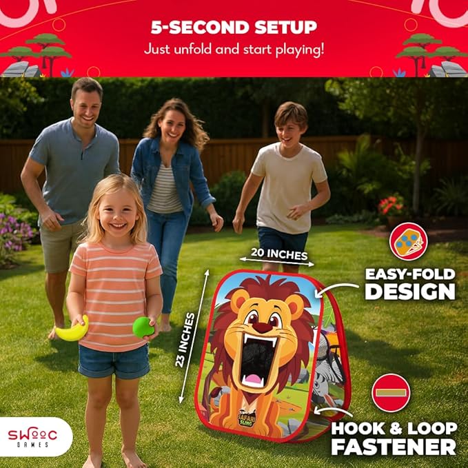 Swooc Games - Safari Sling | 2-in-1 Bean Bag Toss Game for Kids | 5-Second Setup Kids Cornhole Game Set | Outdoor Toddler Activities | Backyard Party Games | Corn Hole Set Toddler Bean Bag Toss