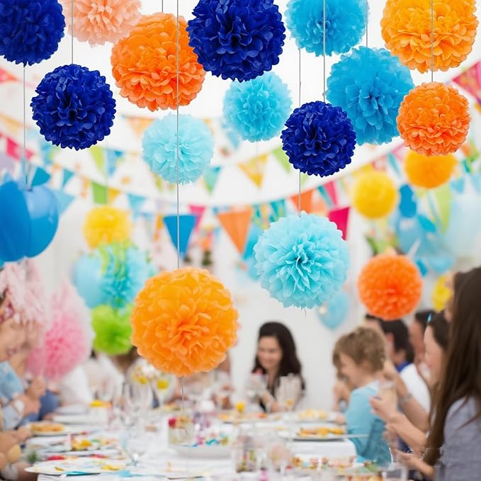 12pcs Blue and Orange Tissue Paper Pom Poms,Hanging Paper Pompoms for Pink Orange Party Decoration