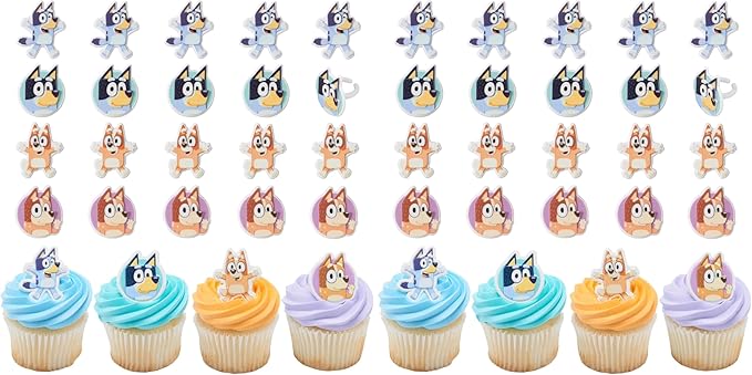 DecoPac Bluey So Much Fun Rings, Cupcake Decorations Featuring Bluey, Bingo, Bandit, and Chilli, 3D Food Safe Cake Toppers –1.4 x 1.75 inches (Pack of 48)