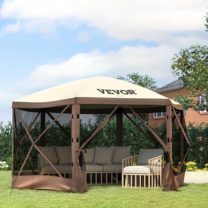 VEVOR 12 * 12ft 6 Sided Pop-up Canopy Shelter Tent with Mesh Windows, Portable Carry Bag, Stakes, Large Shade Tents for Outdoor Camping, Lawn and Backyard, Brown/Beige
