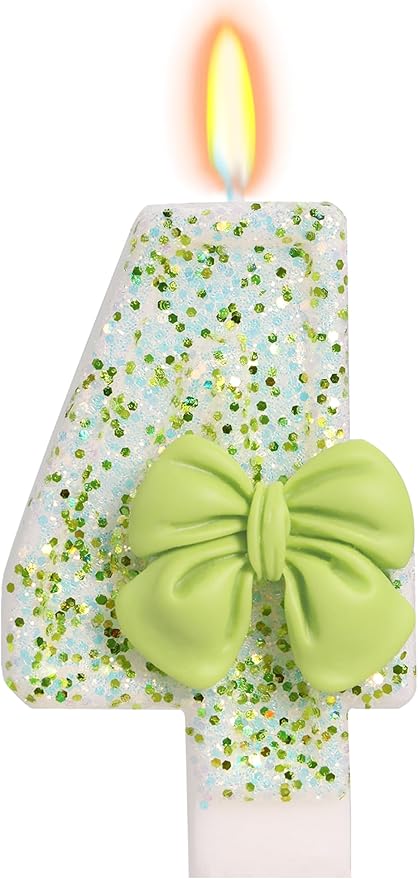 Birthday Candle for Cake, Green Bow Number Cake Candles, 2.76 inch Cake Topper Decoration for Birthday Party (Number 4)