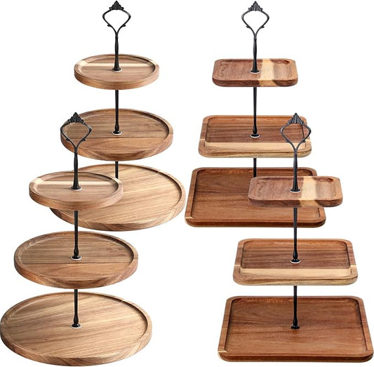 Zopeal 4 Pcs 3 Tier Serving Tray Square Wooden 3 Tiered Cake Stand Round Acacia Wood Serving Stand Rustic Cupcake Stand for Dessert Farmhouse Serving Stand Display for Wedding Tea Party