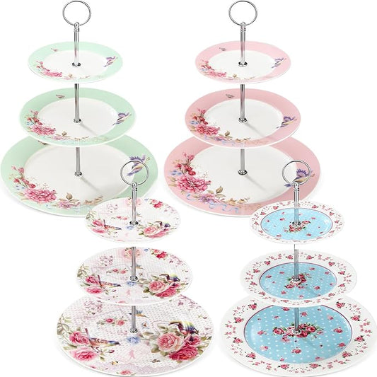Dandat 4 Pcs 3 Tier Tea Party Cake Stand Floral Ceramic Cupcake Display Round Porcelain Cupcake Dessert Tower Tray Pastry Serving Tray Platter for Tea Party Wedding Birthday, 4 Designs