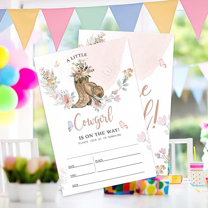 AEHIE 20 Sets Baby Shower Shaped Fill-In Invitations With Envelopes, A Little Is On The Way Party Invitations Invite Cards for Baby Girls West, Western Newborn Invites