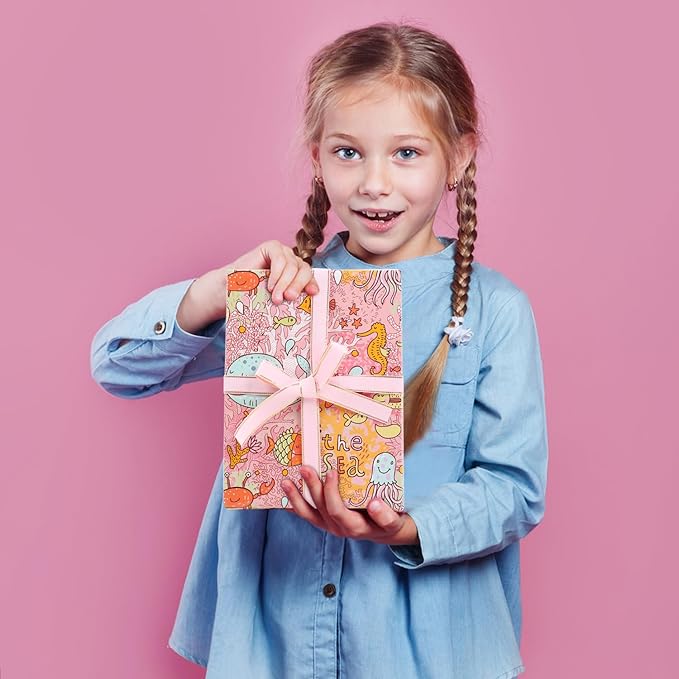 Under the Sea Wrapping Paper for Girls Kids Boys, 6 Sheets Pink Ocean Coral Sea Star Crab Octopus Whale Beach Coastal Gift Wrap Paper, 20 x 28 inch Per Sheet Gift Paper for Birthday, Baby Shower