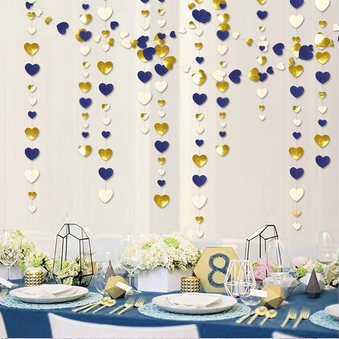 52Ft Valentines Day Party Decorations Navy Blue Gold Love Heart Garland Royal Blue Gold Hanging Streamer Banner for Anniversary Mothers Day Bachelorette Engagement Wedding Bridal Shower Birthday Party