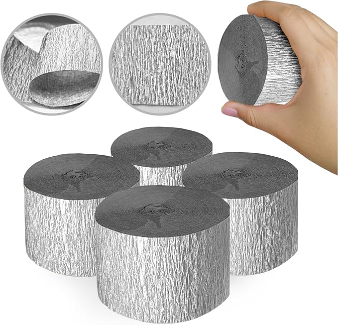 4 Crepe Paper Streamers Rolls, 328ft Silver Crepe Paper for Happy New Year Decorations Birthday Wedding Baby Shower Party Decorations (1.8 inch x 82 ft/Roll)