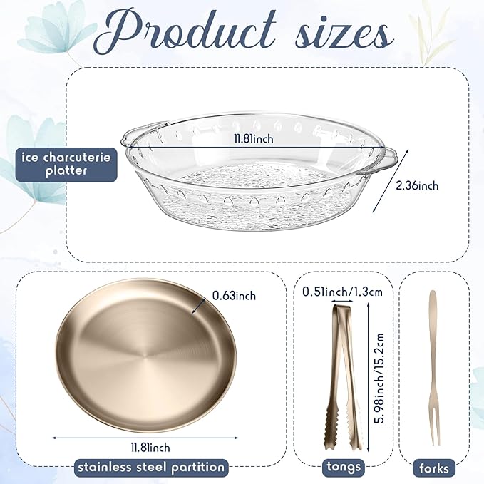 Baderke 2 Sets 11.8" Chilled Serving Tray for Parties Round Iced Platter with Ice Underneath Stainless Steel Clip Fruit Fork Shrimp Cocktail Serving Dish for Oysters Crawfish Fruits (Champagne Gold)