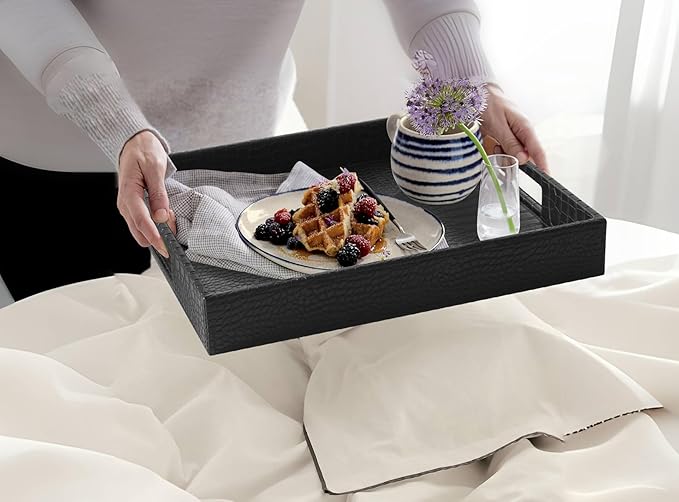 HofferRuffer Rectangle Serving Tray with Hole Handles for Coffee Table, Breakfast, Tea, Food, Butler - Countertop, Kitchen, Vanity Serve Tray, 16.2 x 12.2 x 2 inches, Faux Leather (Black Croco)