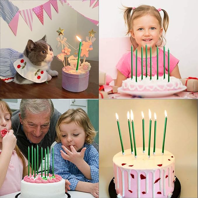 12 Count Long Thin Green Birthday Cake Candles in Holders for Birthday Cupcake Tall Candle 12 Pieces