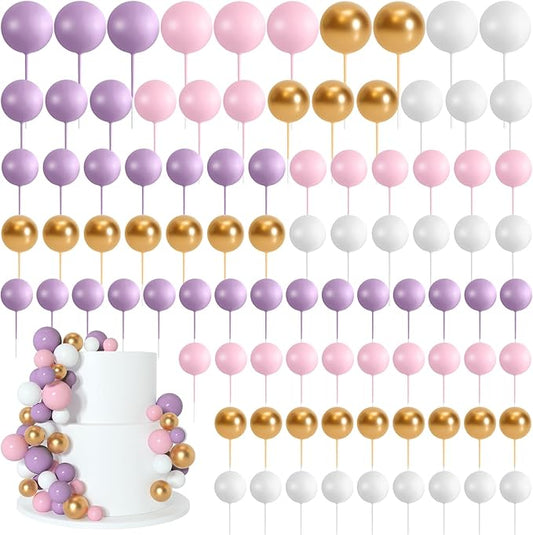 138 Pcs Balls Cake Topper Decorations Balloon Cupcake Toppers Foam Multisize Cake Topper Balls for Birthday Party Wedding Anniversary(Pink,Purple,White,Gold)