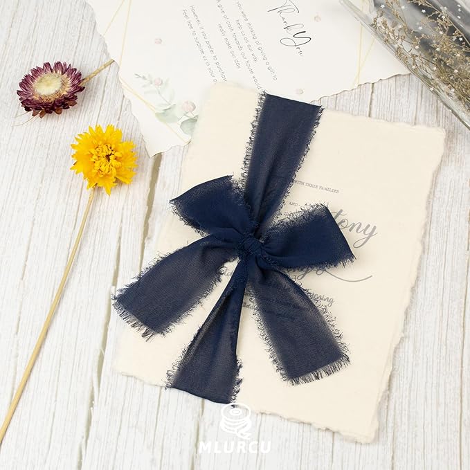 Navy Blue Chiffon Ribbon 1-1/2 Inch x 21 Yards Handmade Fringe Chiffon Silk Ribbon Frayed for Wrapping, Wedding Invitation, Bridal Flower Bouquets, Crafts