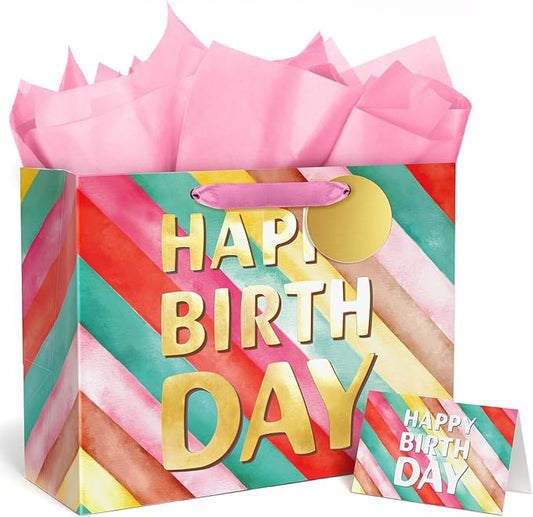 BGTCARDS Birthday Gift Bag with Tissue Paper and Card, Happy Birthday Gift Bags for Party, Reusable Gift Bag for Presents with Handles - 13”x 10”x 5”, 1PCS