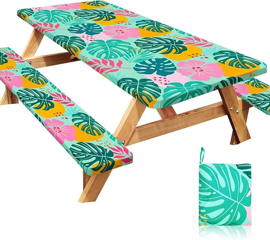 Picnic Table Cover with Bench Covers Windproof Waterproof Picnic Table Covers Camping Tablecloth with Self-Storage Bag, 72in, Light Green