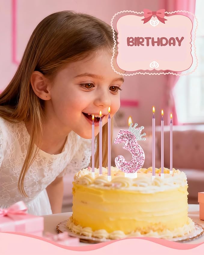 Birthday Candles for Cake, Pink Number Candles, Cake Candles with Greeting Card for Birthday Party Wedding Anniversary Celebrations (3 Candle, Silver Crown)